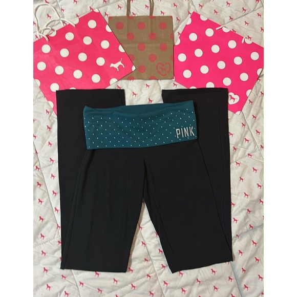 Pink Stitch Pants - VS PINK NWT XS GREEN STUDDED VINTAGE Y2K FOLD OVER FLARE YOGA LEGGINGS